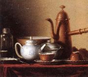 unknow artist Still life of a chocolate pot,teapot,sucrier,bowl,teajar,tea cups and saucers,and silver spoons,all upon a draped table top painting